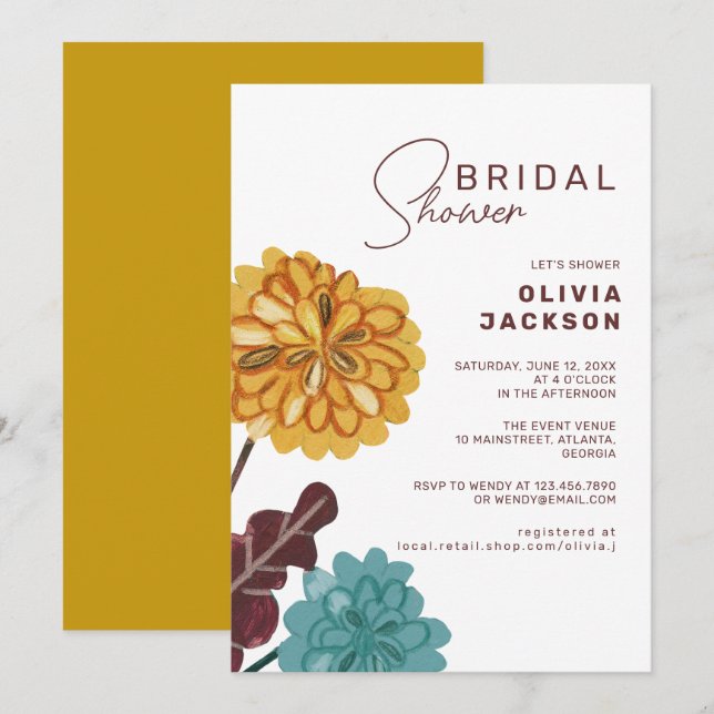 Hand painted flower yellow bridal shower inv invitation (Front/Back)