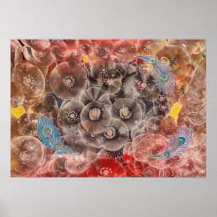 Hand Painted Flowers Art with Peacock Feathers Poster