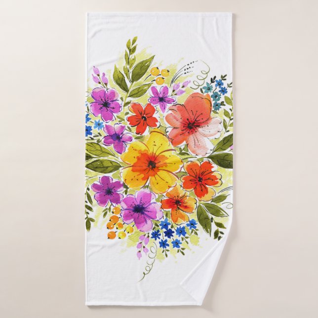 Hand-painted flowers, bright watercolor bouquet. bath towel (Bath Towel)