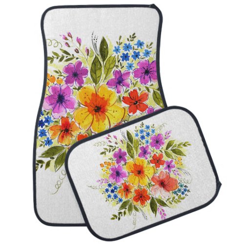 Hand_painted flowers bright watercolor bouquet car floor mat
