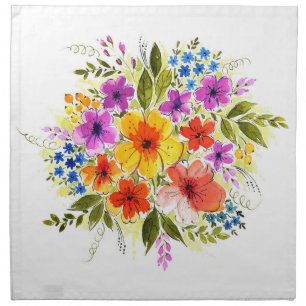 Hand-painted flowers, bright watercolor bouquet. cloth napkin