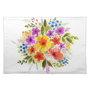 Hand-painted flowers, bright watercolor bouquet. cloth placemat
