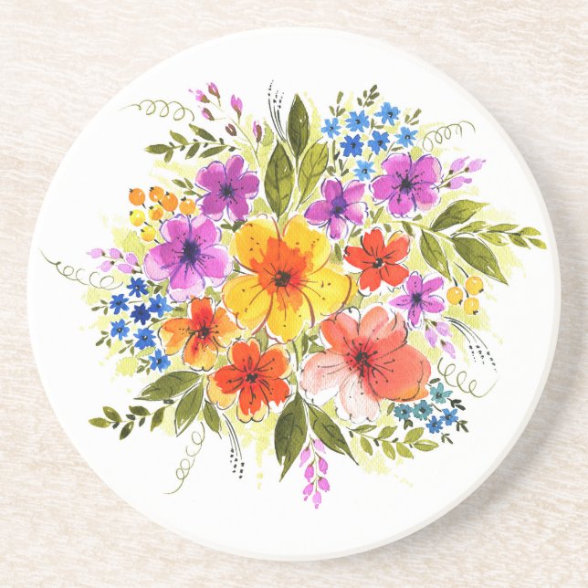 Hand-painted flowers, bright watercolor bouquet. coaster (Front)