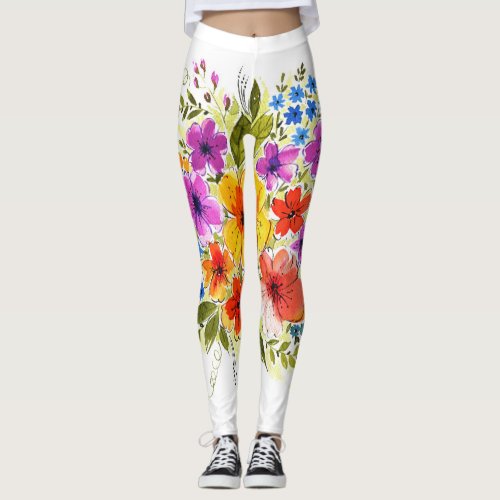 Hand_painted flowers bright watercolor bouquet leggings