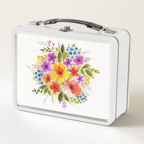 Hand_painted flowers bright watercolor bouquet metal lunch box