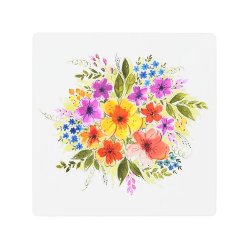 Hand_painted flowers bright watercolor bouquet metal print