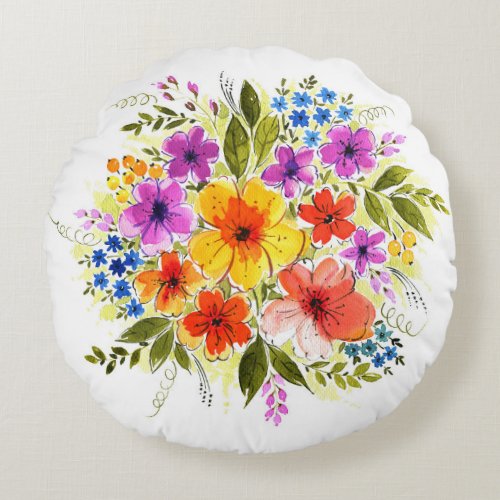Hand_painted flowers bright watercolor bouquet round pillow