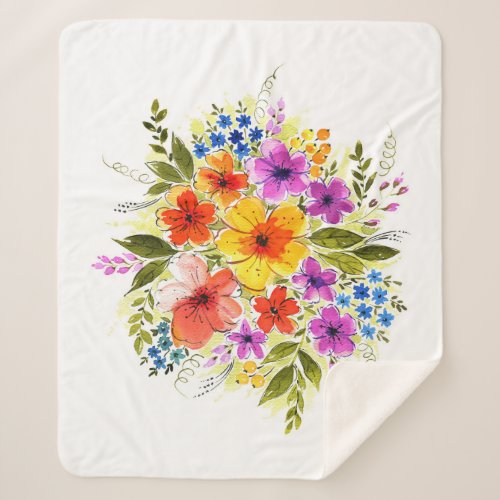 Hand_painted flowers bright watercolor bouquet sherpa blanket
