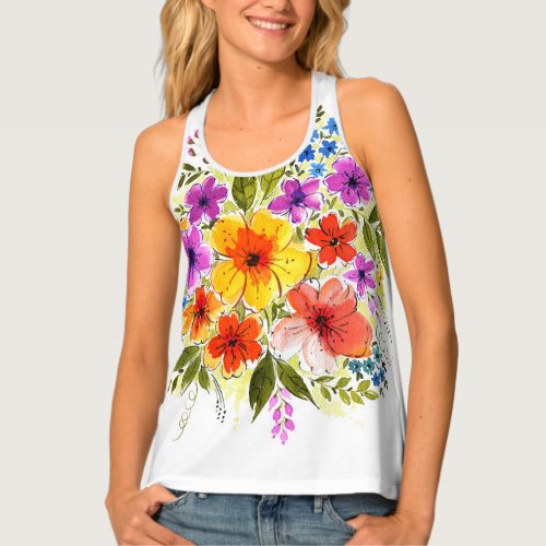 Hand_painted flowers bright watercolor bouquet tank top