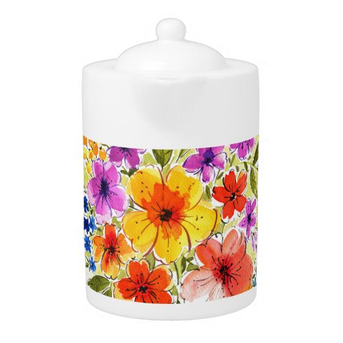 Hand_painted flowers bright watercolor bouquet teapot