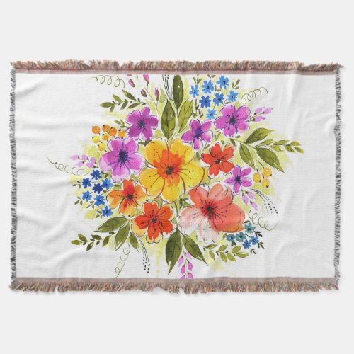 Hand_painted flowers bright watercolor bouquet throw blanket