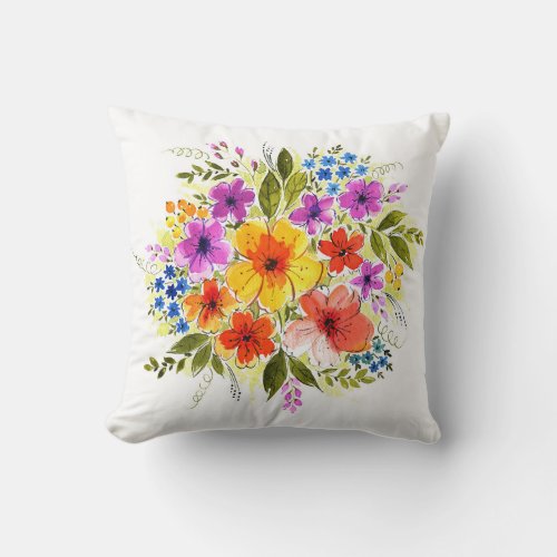 Hand_painted flowers bright watercolor bouquet throw pillow