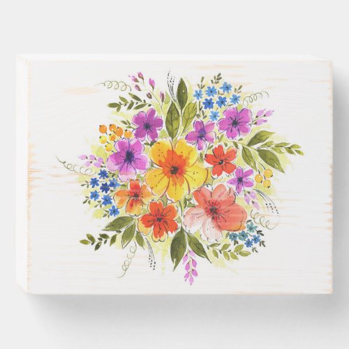 Hand_painted flowers bright watercolor bouquet wooden box sign