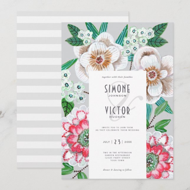 Hand painted flowers green elegant wedding invitation (Front/Back)