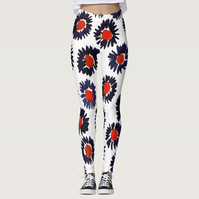 Hand-painted flowers, red and blue pattern. leggings (Front)
