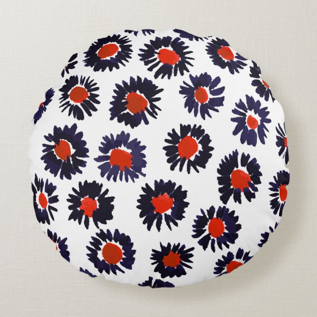 Hand-painted flowers, red and blue pattern. round pillow (Front)