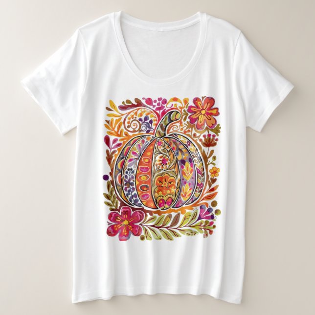 Hand-Painted Folk Art Pumpkin T-Shirt –Rustic Fall (Design Front)