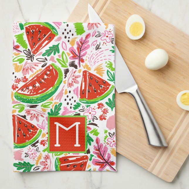 Hand Painted Fruit Pattern Monogram  Kitchen Towel (Quarter Fold)