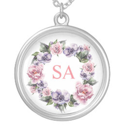 Hand-Painted Garlands of Flowers Monogramed Silver Plated Necklace