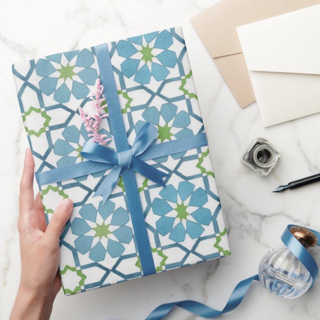 Hand painted geometric aqua blue moroccan ethnic wrapping paper (Gifting)