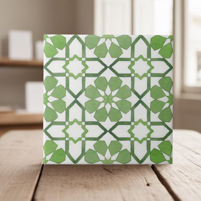 Hand painted geometric green moroccan ethnic ceramic tile (Creator Uploaded)