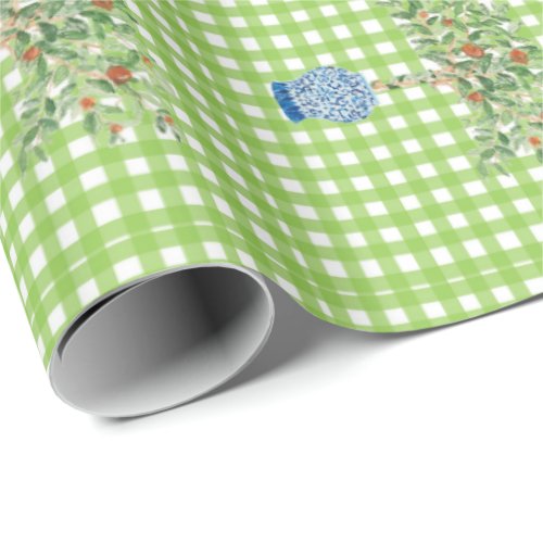 Hand Painted Gingham Orange Tree  Wrapping Paper