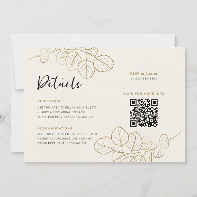 Hand Painted Gold Leaves Frame Wedding Details Invitation (Front)