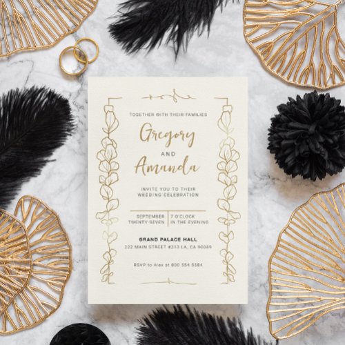 Hand Painted Gold Leaves Frame Wedding Invitation