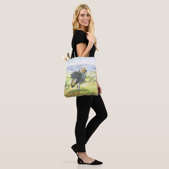 Hand-Painted Graceful Grey Crowned Crane Tote Bag (On Model)