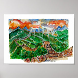 Hand Painted Great Wall of China Watercolor Art Poster