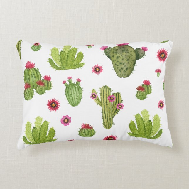 Hand Painted Green Cactus Pattern Accent Pillow (Front)