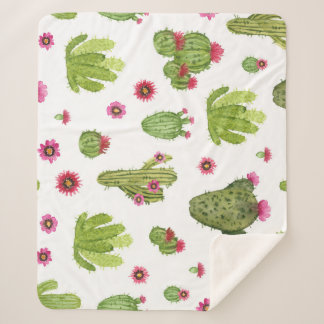 Hand Painted Green Cactus Pattern Sherpa Blanket