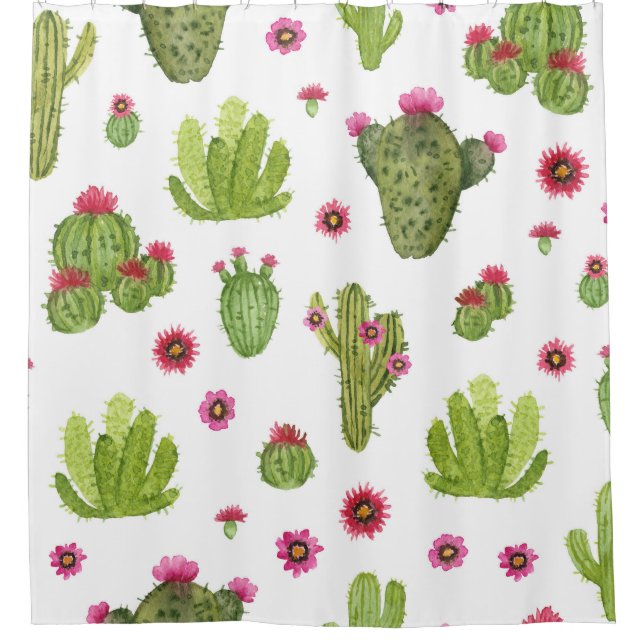 Hand Painted Green Cactus Pattern Shower Curtain (Front)