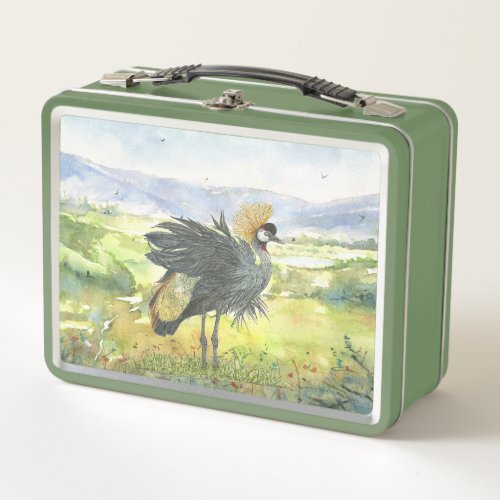 Hand_Painted Grey Crowned Crane Metal Lunch Box