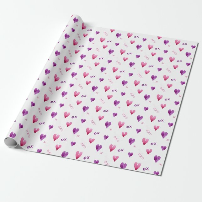 Hand painted heart x and o patterned wrapping paper (Unrolled)