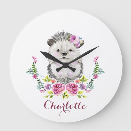 Hand painted Hedgehog floral Personalized Large Clock
