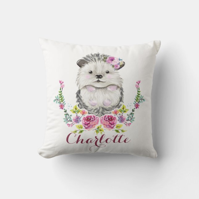 Hand painted Hedgehog floral Personalized Throw Pillow (Front)