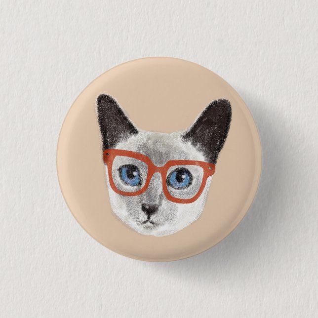 Hand-painted Hipster Siamese Cat Wearing Glasses Pinback Button (Front)