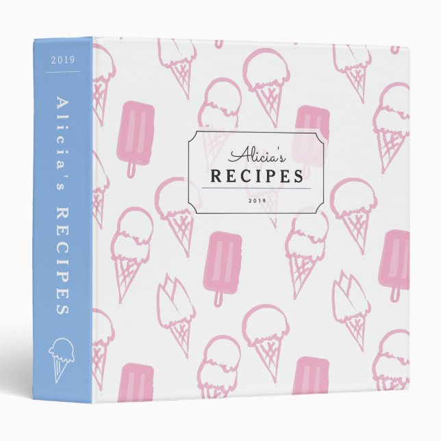 Hand Painted Ice Cream Pattern Pink Recipe Binder (Front/Spine)