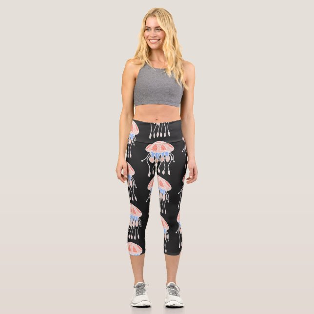 Hand-painted jellyfish, vibrant vintage pattern. capri leggings (Front)