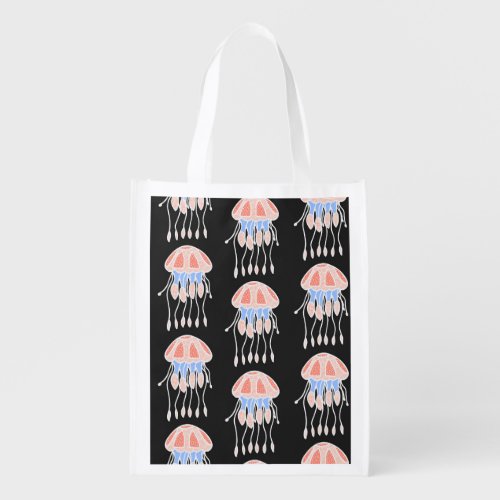 Hand_painted jellyfish vibrant vintage pattern grocery bag