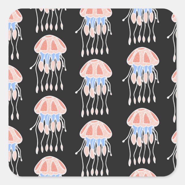 Hand-painted jellyfish, vibrant vintage pattern. square sticker (Front)