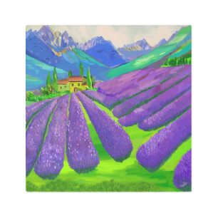 Hand Painted Lavender fields in front of mountains Metal Print