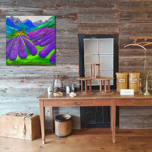 Hand-painted Lavender fields in front of mountains Photo Print
