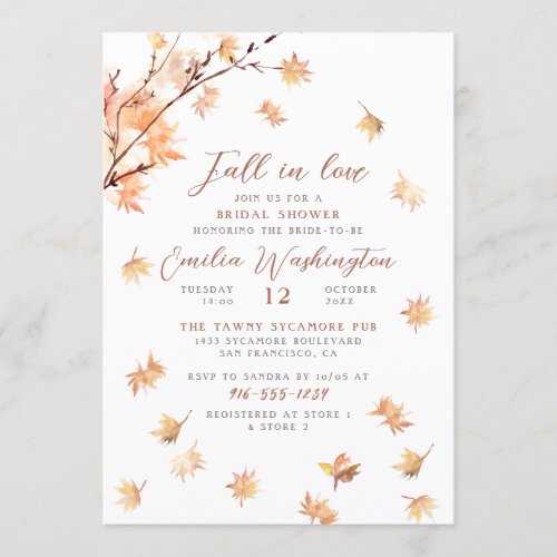 Hand Painted Leaves  Fall In Love Bridal Shower Invitation