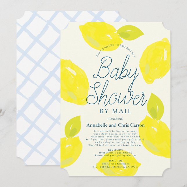 Hand Painted Lemon Blue Baby Shower by Mail Invitation (Front/Back)