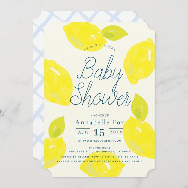 Hand Painted Lemon Blue Baby Shower Invitation (Front/Back)