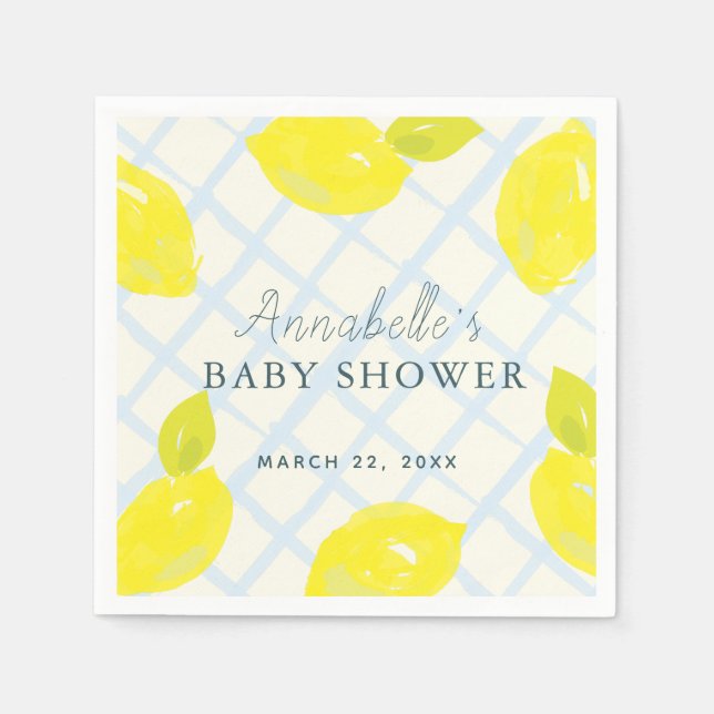 Hand-Painted Lemon Blue Baby Shower Napkins (Front)