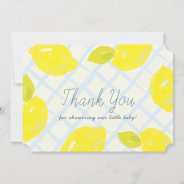 Hand-Painted Lemon Blue Checks Baby Shower Thank You Card (Front)