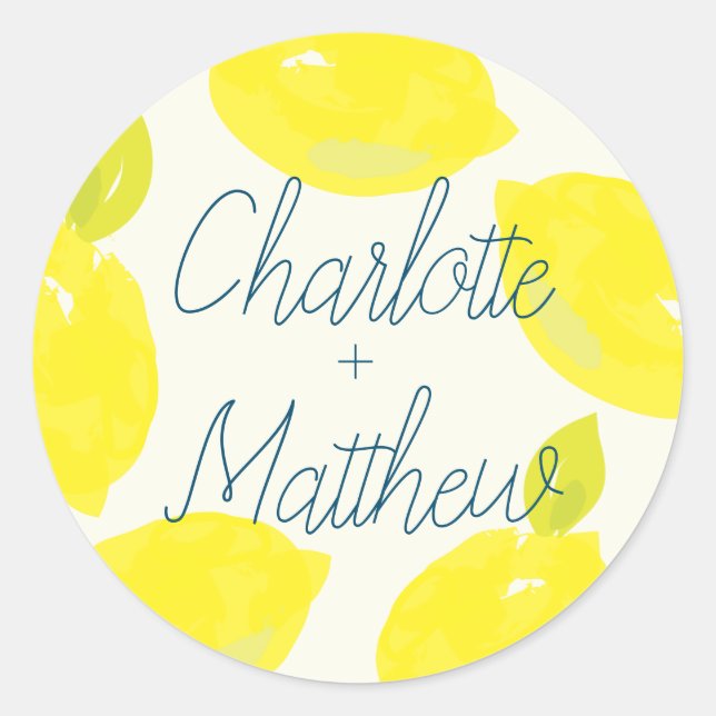 Hand Painted Lemon Citrus Name Wedding Classic Round Sticker (Front)